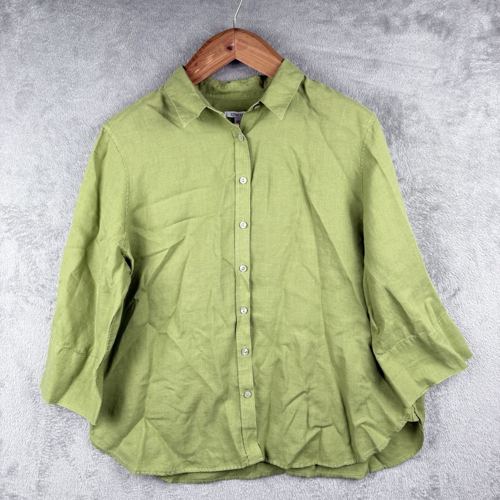Chicos Top Womens 16 Green Linen Button Up Collar 3/4 Sleeve Relaxed Casual Boho